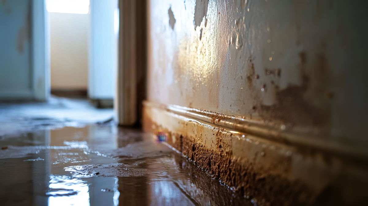 Damp and water damage in the corner of a room